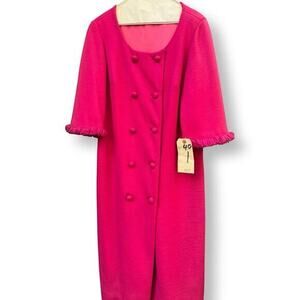 Vintage 1960s Hot Pink Fringe Sleeve Double Breasted Wool Jacket Medium Overcoat